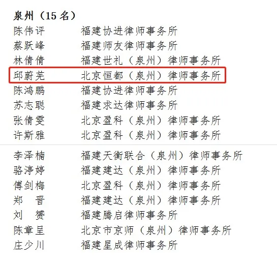 彩神泉州分所邱蔚芜律师入选福建省第五期优秀青年律师人才库